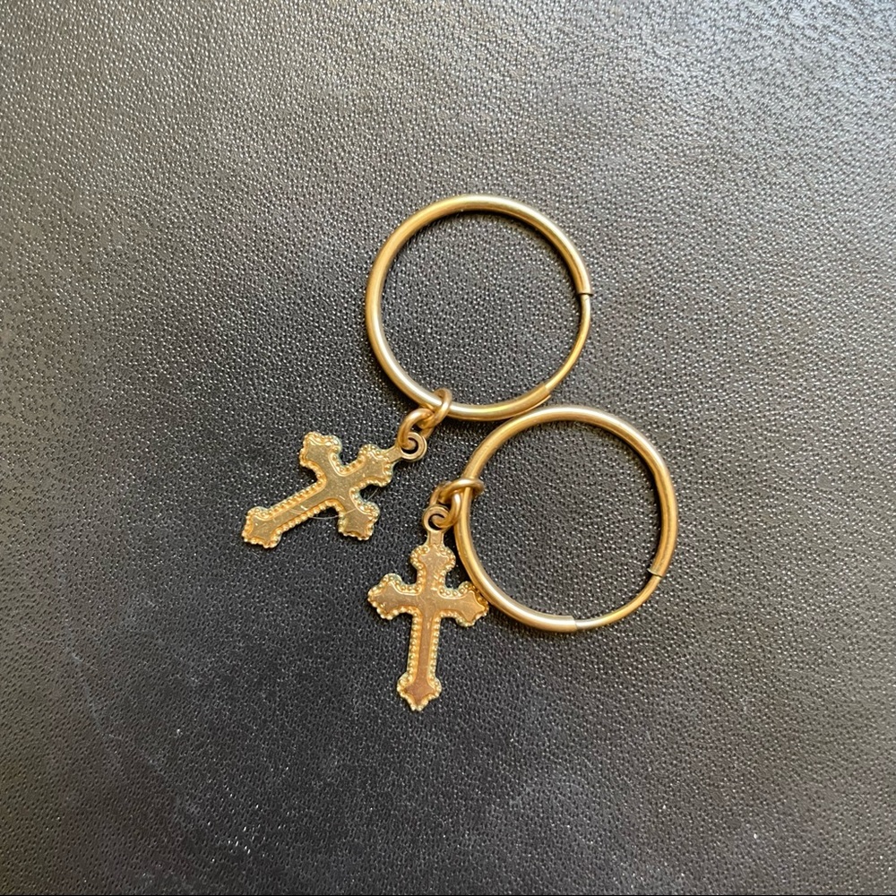 Gold hoop cross huggies